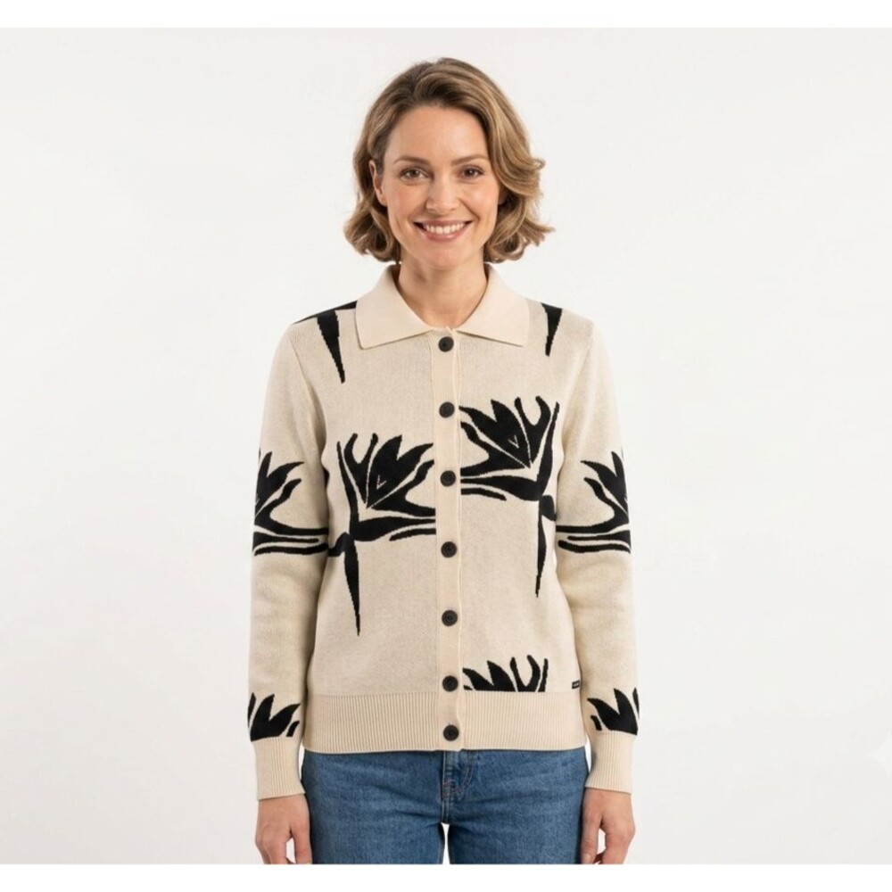Saint James Cotton Polo Collar Cardigan Sweater Abstract Floral Cream Black Sz 8